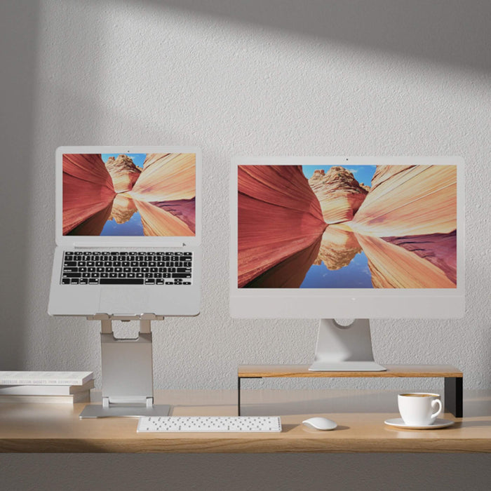 Adjustable aluminum stand for 17-inch PC, ergonomic design, strong build, silicone pads for stability - TaMiMi Projects in Qatar.