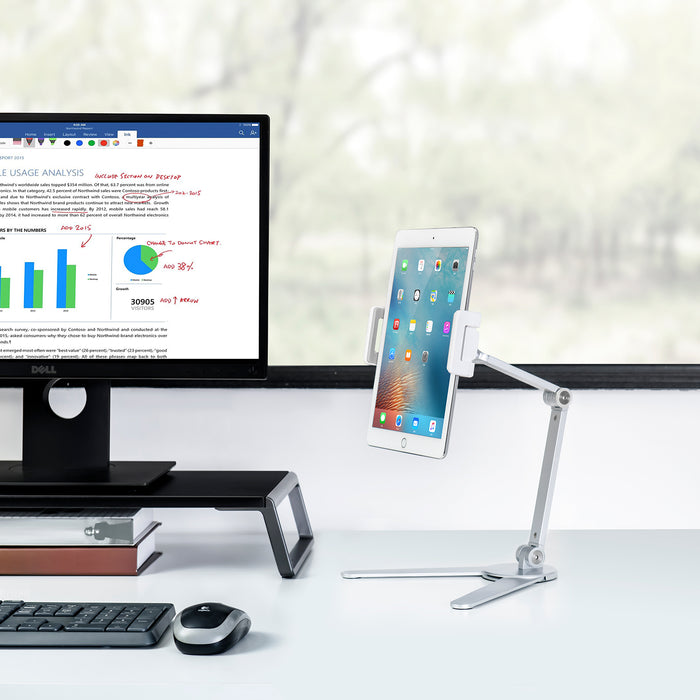 Long Arm Phone & Tablet Desktop Stand - Silver