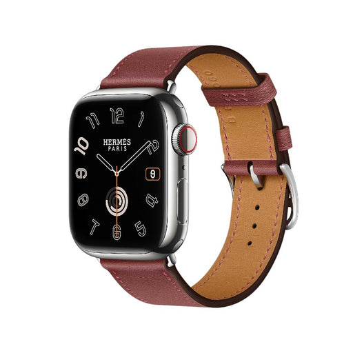 Front view of Apple Watch Hermès S9 - Silver Stainless Steel case with Rouge H leather band
