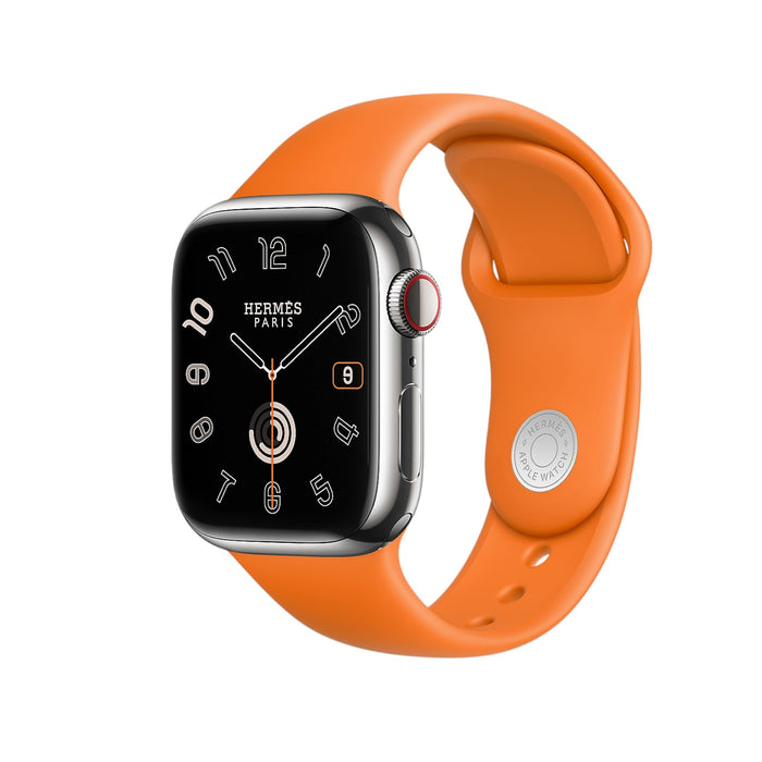 Get Apple Apple Watch Hermès S9 Silver Stainless Steel Swift Leather Single Tour - Rouge H - 41mm in Qatar from TaMiMi Projects