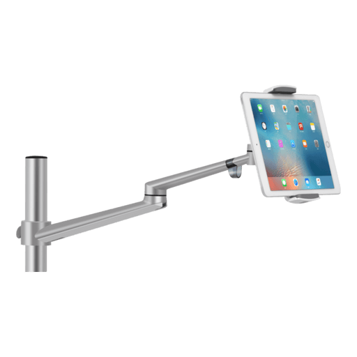 Adjustable monitor or tablet arm mount with a sleek design, capable of securely holding devices in various positions. Ideal for office setups, providing flexibility and convenience for viewing screens.