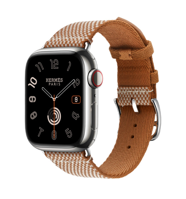 Get Apple Apple Watch Hermès S9 Silver Stainless Steel Case with Toile H Single Tour - Gold/Ecru - 41mm in Qatar from TaMiMi Projects