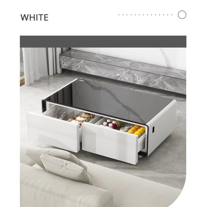Smart Coffee Table with 135L fridge, wireless charging, Bluetooth speakers & LED lighting – TaMiMi Projects in Qatar.