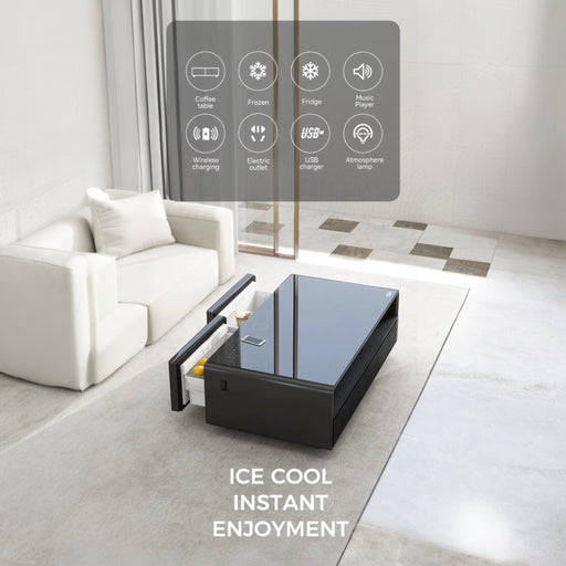 Smart Coffee Table with 135L fridge, wireless charging, Bluetooth speakers & LED lighting – TaMiMi Projects in Qatar.