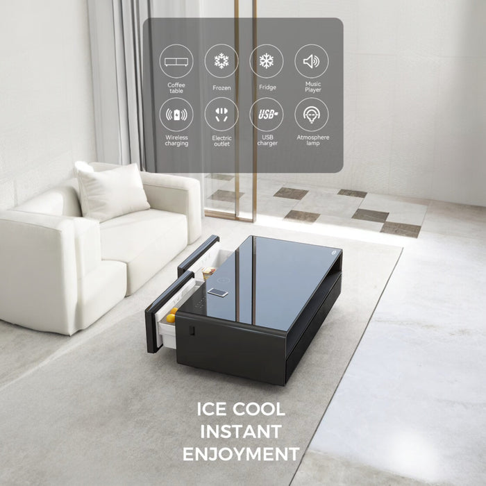 Smart Coffee Table with 135L fridge, wireless charging, Bluetooth speakers & LED lighting – TaMiMi Projects in Qatar.
