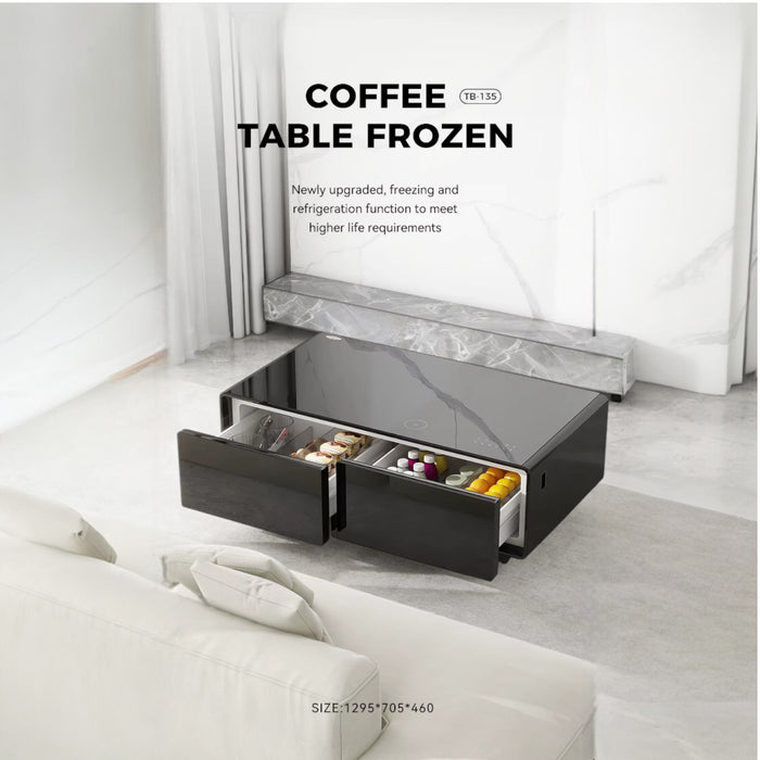 Smart Coffee Table with 135L fridge, wireless charging, Bluetooth speakers & LED lighting – TaMiMi Projects in Qatar.