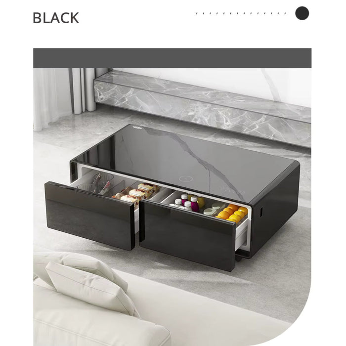 Smart Coffee Table with 135L fridge, wireless charging, Bluetooth speakers & LED lighting – TaMiMi Projects in Qatar.