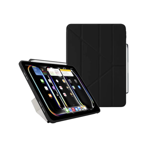 Pipetto Origami iPad Pro 11-inch 2024 case in black, featuring a clear back, 5-position folding cover, and Apple Pencil storage. Available at TaMiMi Projects in Qatar at the best prices.