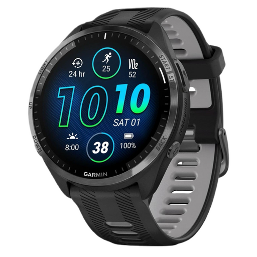 Image of Garmin Forerunner® 965 Solar, Black, 47mm, highlighting its solar charging capability and advanced features. Available at TaMiMi Projects in Qatar.