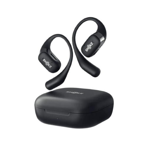 SHOKZ OpenFit Bluetooth Headphones in sleek black design, available at TaMiMi Projects Qatar
