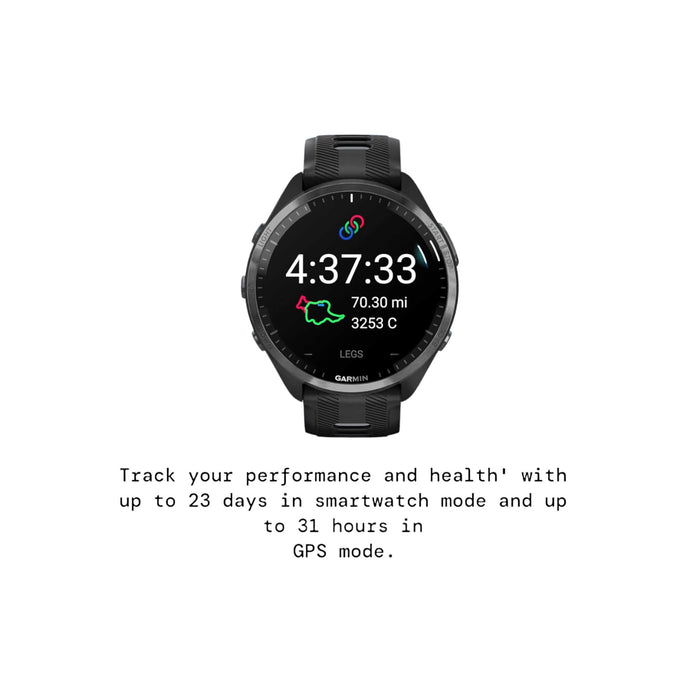 Get Garmin Forerunner® 965 Solar in Black - 47mm, up to 31 hours in GPS mode, available in Qatar from TaMiMi Projects.