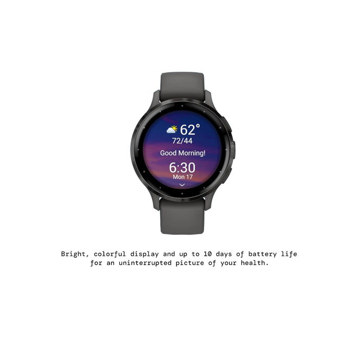 Garmin Venu 3S 41mm, slate bezel, pebble gray case, silicone band from TaMiMi Projects in Qatar. Stylish smartwatch