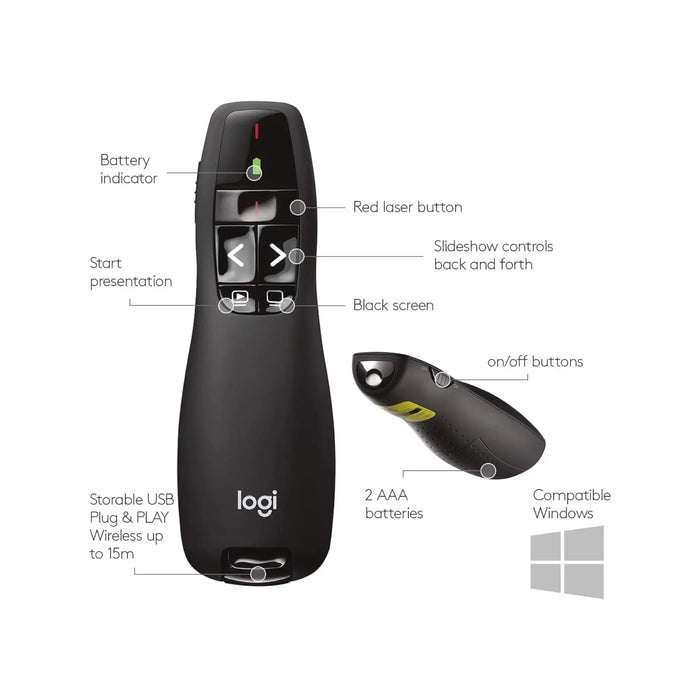 ‫جهاز تحكم لاسلكي بالعروض Logitech R400 مع مؤشر ليزر أحمر من تميمي بروجكتس قطر‬
