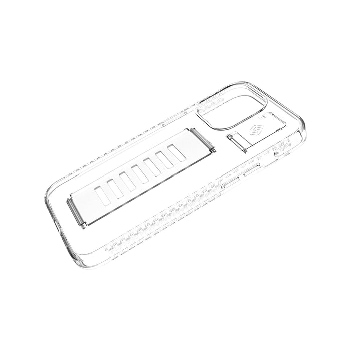 Grip2U case with stand for iPhone 15 Pro Max clear, supports MagSafe and comfortable grip, buy from TaMiMi Projects Qatar."