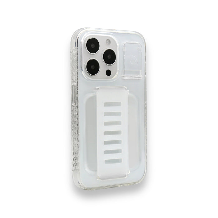 Grip2U clear case for iPhone 15 Pro Max with stand, provides extra protection and supports MagSafe, available at TaMiMi Projects Qatar.