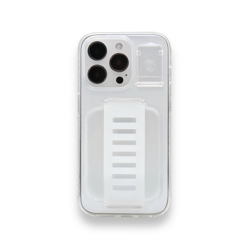 Grip2U clear case with stand for iPhone 15 Pro Max, supports MagSafe and comfortable grip, available at TaMiMi Projects in Qatar.