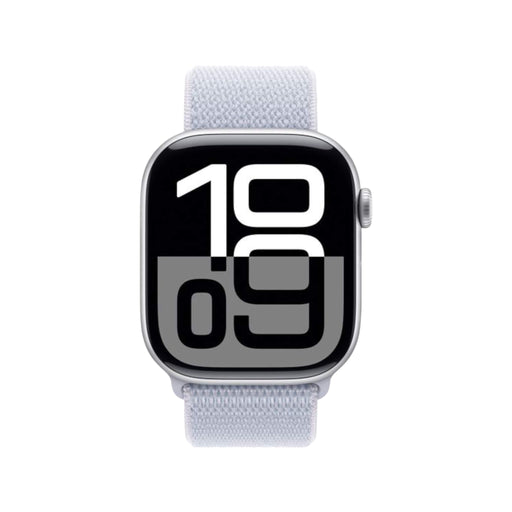 Apple Watch S10 with GPS, 42mm silver aluminum case, blue cloud sport loop band, for fitness and connectivity in Qatar. at TaMiMi Projects