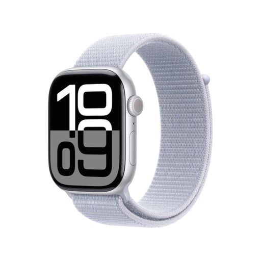 Apple Watch S10 with GPS, 42mm silver aluminum case, blue cloud sport loop band, for fitness and connectivity in Qatar. at TaMiMi Projects