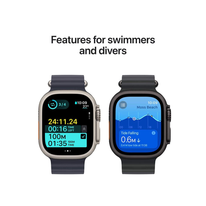 Apple Watch Ultra 2 GPS + Cellular, 49mm Natural Titanium Case with Navy Ocean Band, rugged smartwatch for fitness, at TaMiMi Projects in Qatar.