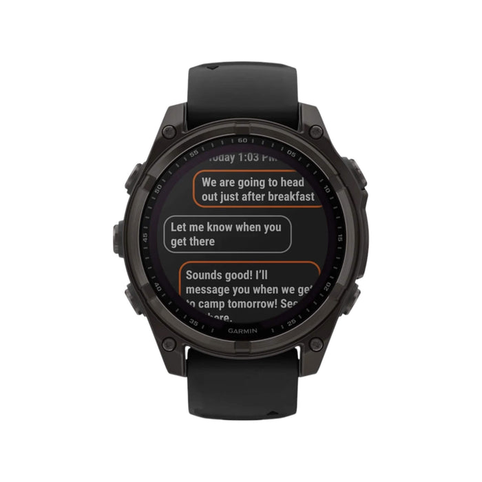 Fēnix® 8 Sapphire Solar, Carbon Gray DLC Titanium, Black Band, 47mm, advanced GPS smartwatch, solar charging, available at TaMiMi Projects in Qatar.
