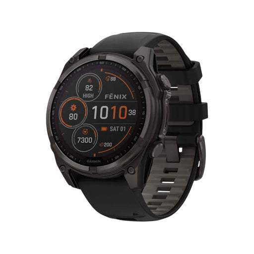 Fēnix® 8 Sapphire Solar, Carbon Gray DLC Titanium, Black Band, 51mm, GPS smart watch, solar charging, at TaMiMi Projects in Qatar.