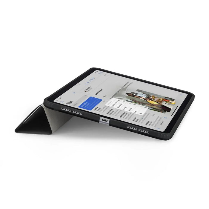 Origami No1 Original Case for iPad Air 11-inch 2024 with a transparent back and 5-way folding cover. Features an Apple Pencil charging slot. Available at TaMiMi Projects in Qatar.