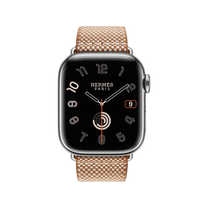 Hermès band from TaMiMi Projects Qatar. Soft, waterproof rubber with H motif and buckle. Fits Apple Watch 44/45/46/49 mm.