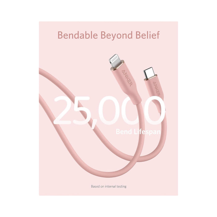 Anker PowerLine III Flow USB-C to Lightning Cable, 3ft/0.9m, pink, designed for fast charging. Available in Qatar at TaMiMi Projects.