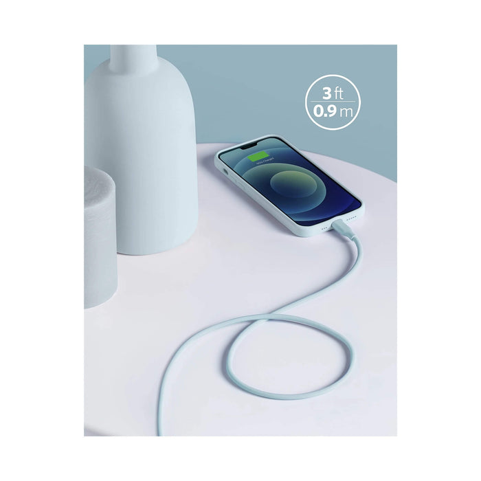 ‫كابل أنكر باور لاين III فلو من نوع USB-C إلى لايتنينج بطول ٠٫٩ متر لون ازرق للشحن السريع. في قطر لدى تميمي بروجكتس.‬