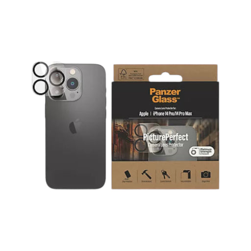 PanzerGlass™ PicturePerfect camera lens protector for iPhone 14 Pro/Max from TaMiMi Projects in Qatar, offering scratch and impact protection.