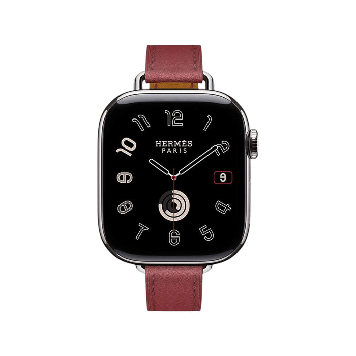 Apple Watch Hermès S10, 42mm silver titanium, Rouge Grenat Attelage Single Tour, blending luxury, precision in Qatar from TaMiMi Projects.