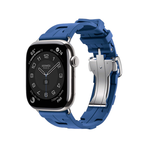 Apple Watch Hermès S10, 46mm silver titanium, Bleu de France Kilim band, offering luxury, style in Qatar from TaMiMi Projects.
