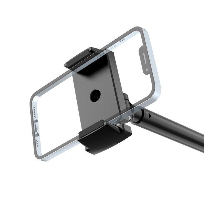 Black ring light stand with an attached phone holder, perfect for content creation.