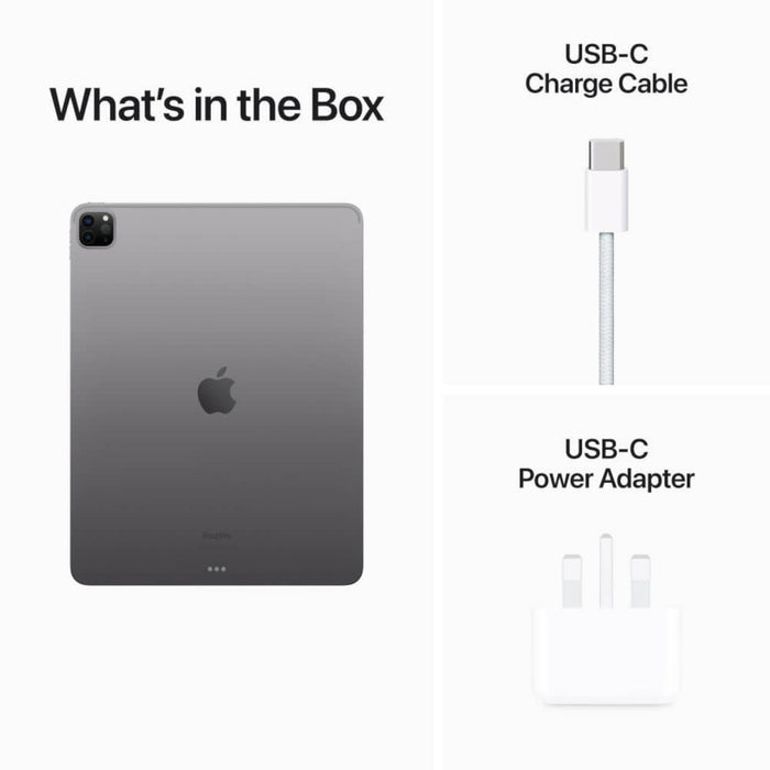 Contents of the iPad Pro 12.9 inch (2022) box: Space Gray iPad, USB-C charging cable, power adapter, documentation