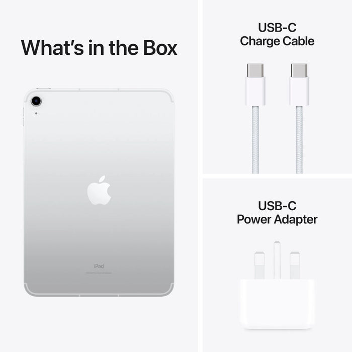 Contents of the iPad (10th generation) 10.9" box: Silver iPad, USB-C charging cable, power adapter, documentation
