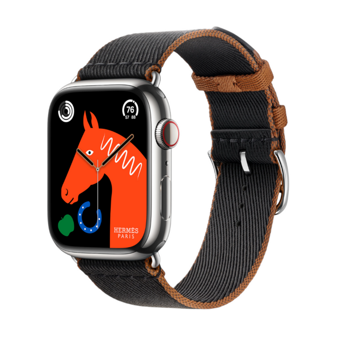 Apple Watch Hermès S9 Silver Stainless Steel Case with Noir/Gold Twill Jump Single Tour - 45mm