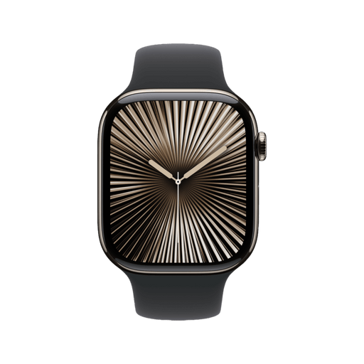 Apple Watch Series 10 GPS + Cellular, 46mm Natural Titanium Case with Black Sport Band - S/M, available at TaMiMi Projects in Qatar.