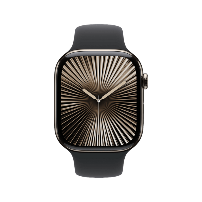 Apple Watch Series 10 GPS + Cellular, 46mm Natural Titanium Case with Black Sport Band - S/M, available at TaMiMi Projects in Qatar.