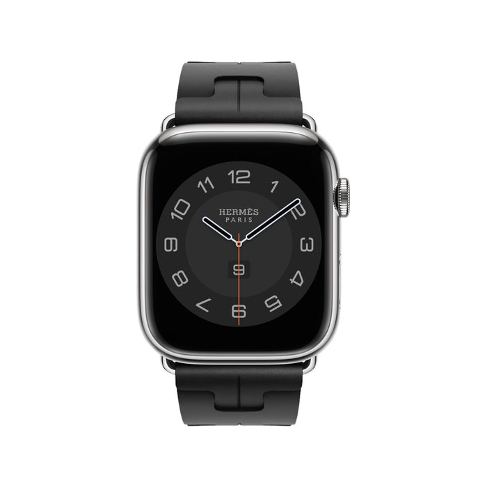 Close-up of a black Hermès rubber watch strap with a silver buckle, available at TaMiMi Projects in Qatar, showcasing the intricate design and secure fastening mechanism.