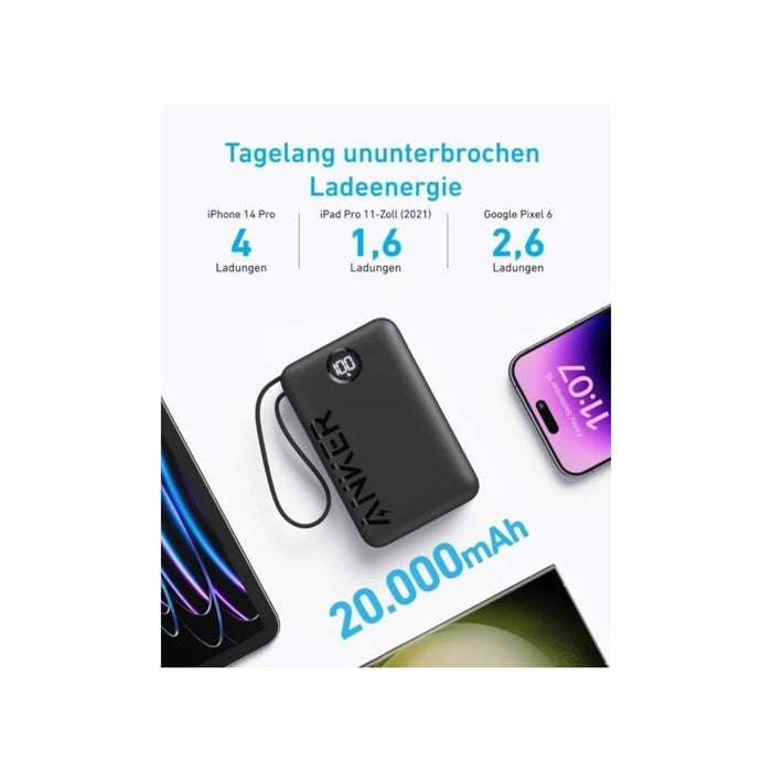 Anker Power Bank 20,000mAh 22.5W + Built-in USB-C Cable - Black
