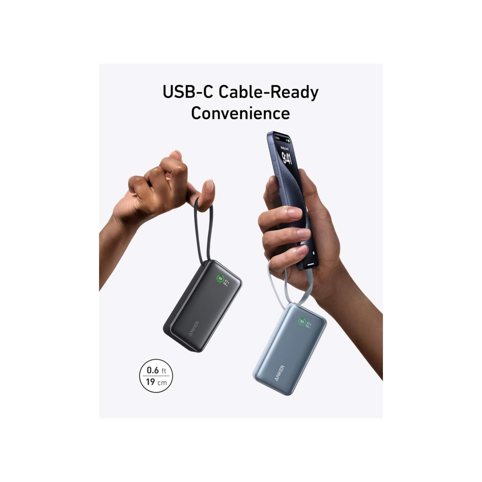 شاحن انكر ١٠ الف / ٣٠ واط / سلك USB-C مدمج - أزرق شاحن انكر ١٠ الف / ٣٠ واط / سلك USB-C مدمج - أزرق