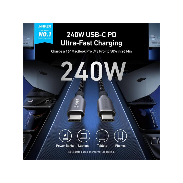‫كابل أنكر برايم USB-C إلى USB-C بقوة ٢٤٠ واط وطول ٦ أقدام، شحن سريع، متين وصديق للبيئة. متوفر في تميمي بروجكتس قطر.‬