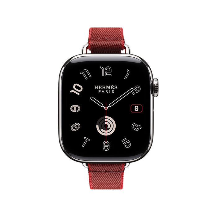 Apple Watch Hermès S10, 42mm silver titanium, Rouge Grenat/Vermillon Attelage Single Tour strap, elegance and luxury in Qatar.