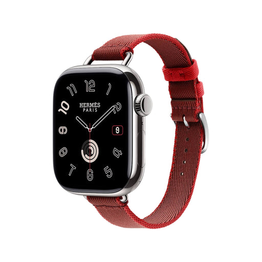 Apple Watch Hermès S10, 42mm silver titanium, Rouge Grenat/Vermillon Attelage Single Tour strap, elegance and luxury in Qatar.