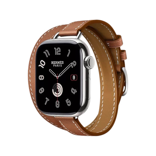 Apple Watch Hermès S10, 42mm Silver Titanium with Gold Attelage Double Tour Band from TaMiMi Projects in Qatar. Luxury design.