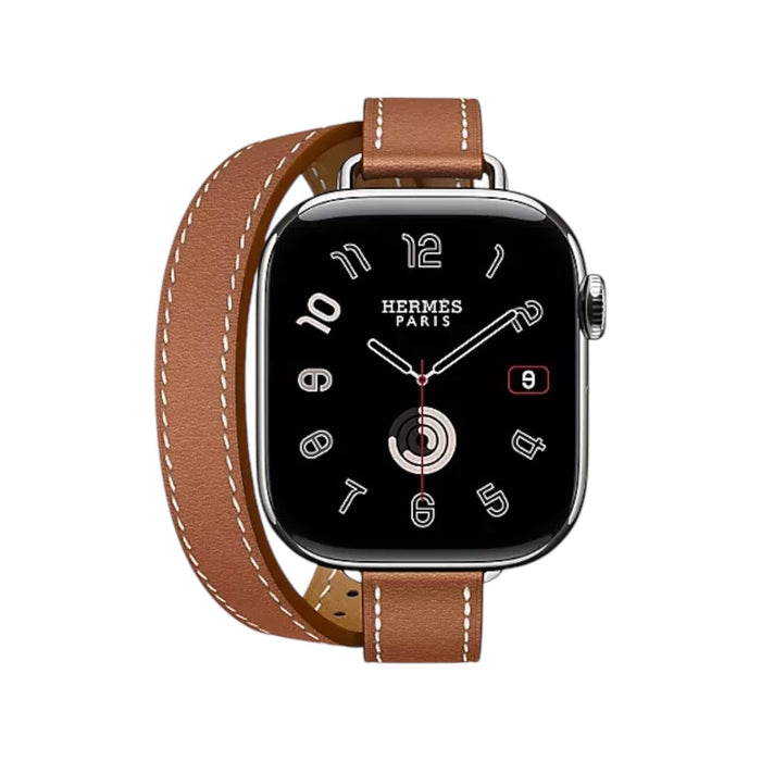 Apple Watch Hermès S10, 42mm Silver Titanium with Gold Attelage Double Tour Band from TaMiMi Projects in Qatar. Luxury design.