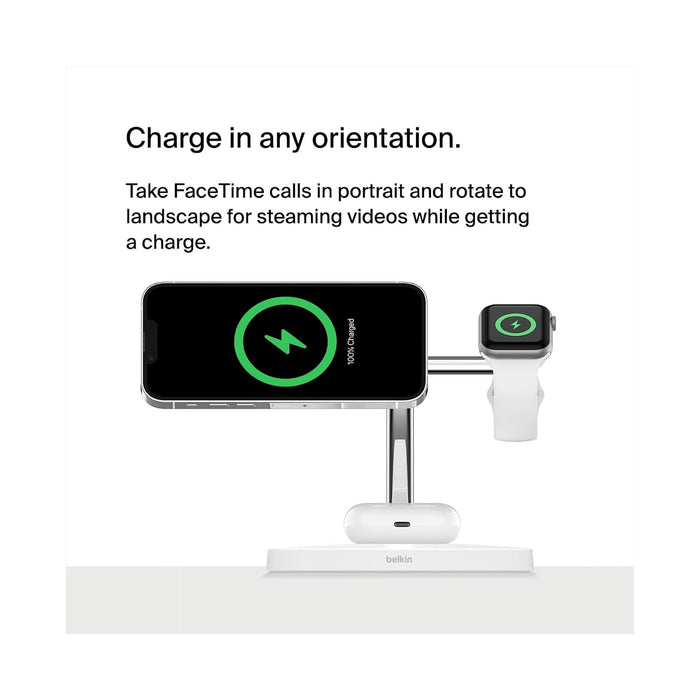 Belkin 3-in-1 wireless charger with MagSafe, provides fast charging for multiple devices, available at TaMiMi Projects in Qatar.