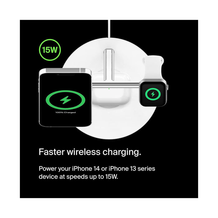 3-in-1 wireless charger with MagSafe, provides fast charging for multiple devices, available at TaMiMi Projects in Qatar.