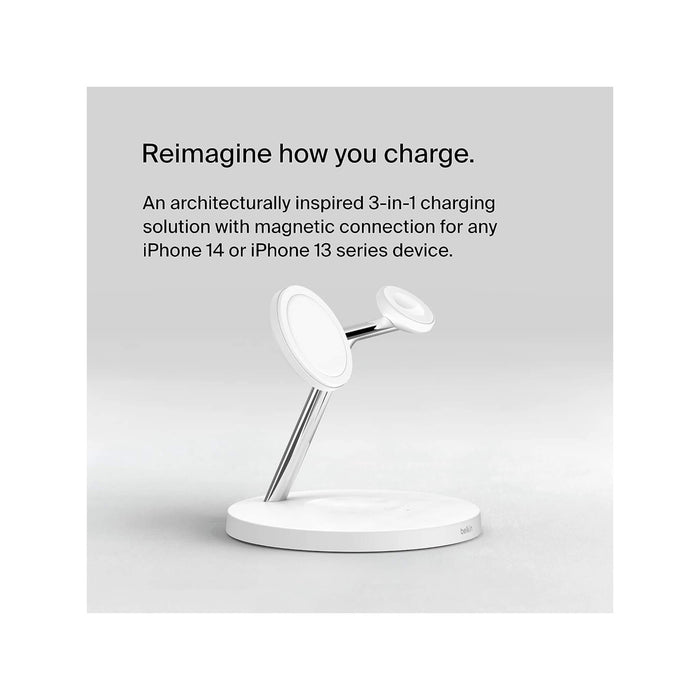 3-in-1 wireless charger with MagSafe, provides fast charging for multiple devices, available at TaMiMi Projects in Qatar.