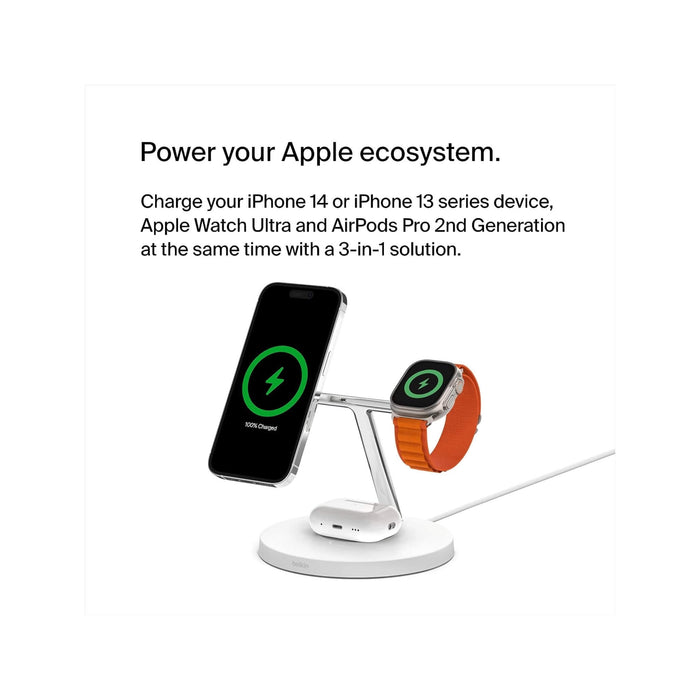 Belkin 3-in-1 wireless charger with MagSafe, provides fast charging for multiple devices, available at TaMiMi Projects in Qatar.